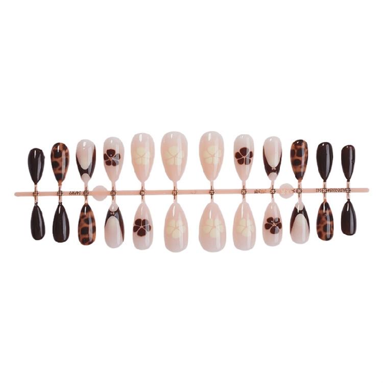 24pcs Women's French Tip Press On Nail Almond Shape False Nail with Leopard Flower Designs Gold Beads Stick On Nail Gift