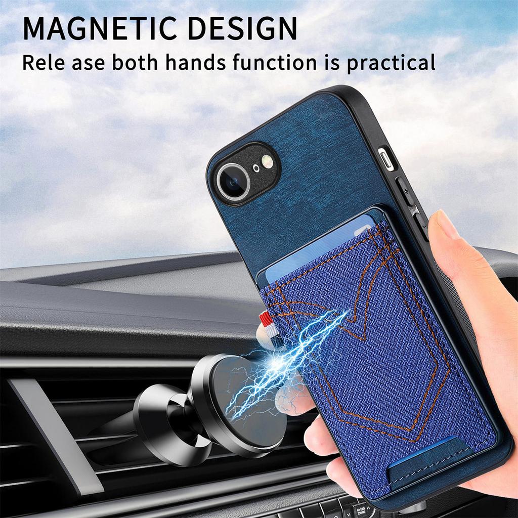 For iPhone 16e Phone Case Retro Jean Cloth Texture Leather Back Cover with Card Holder