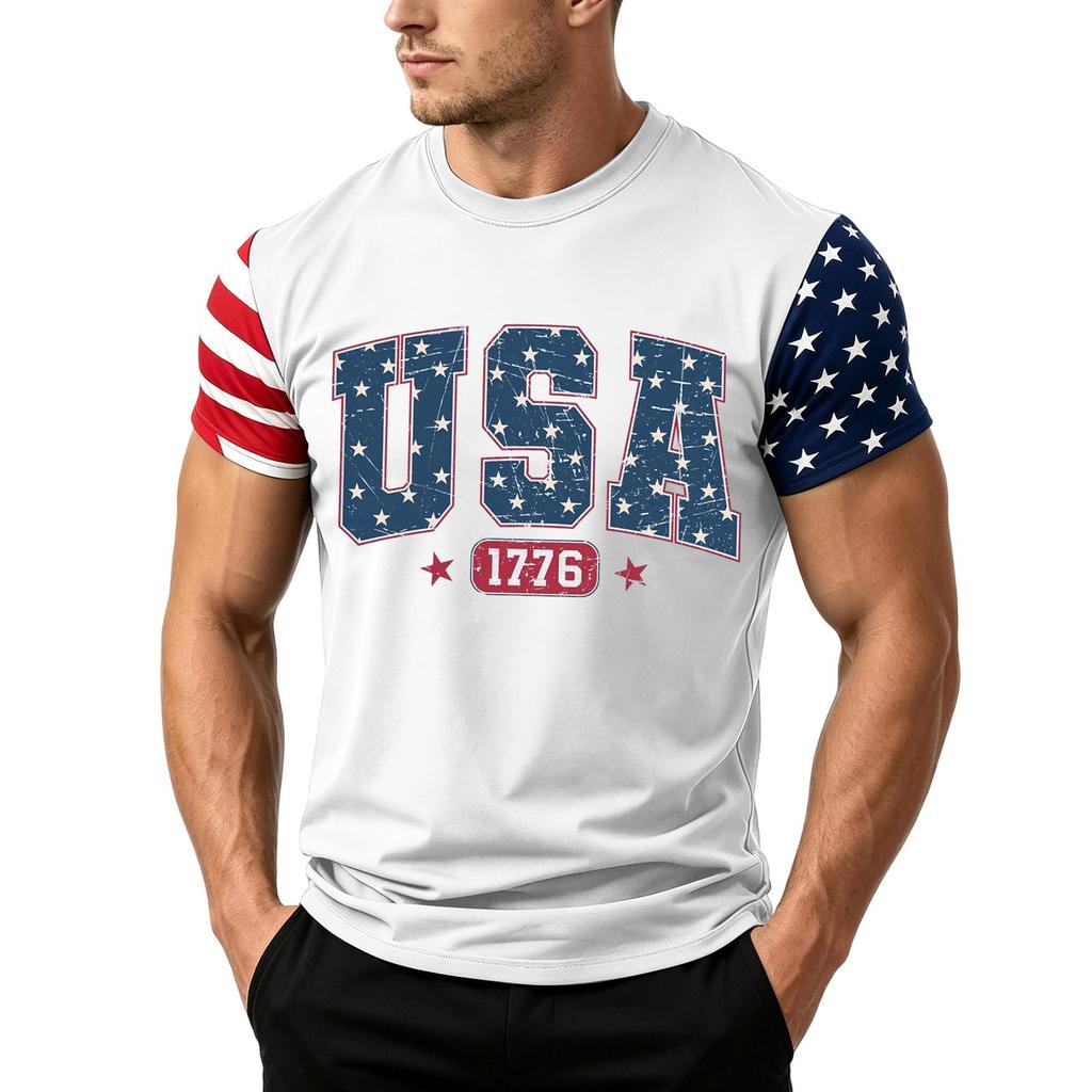Men's Independence Day Flag Print Short Sleeve T-Shirt, Loose Casual Daily Summer Tops