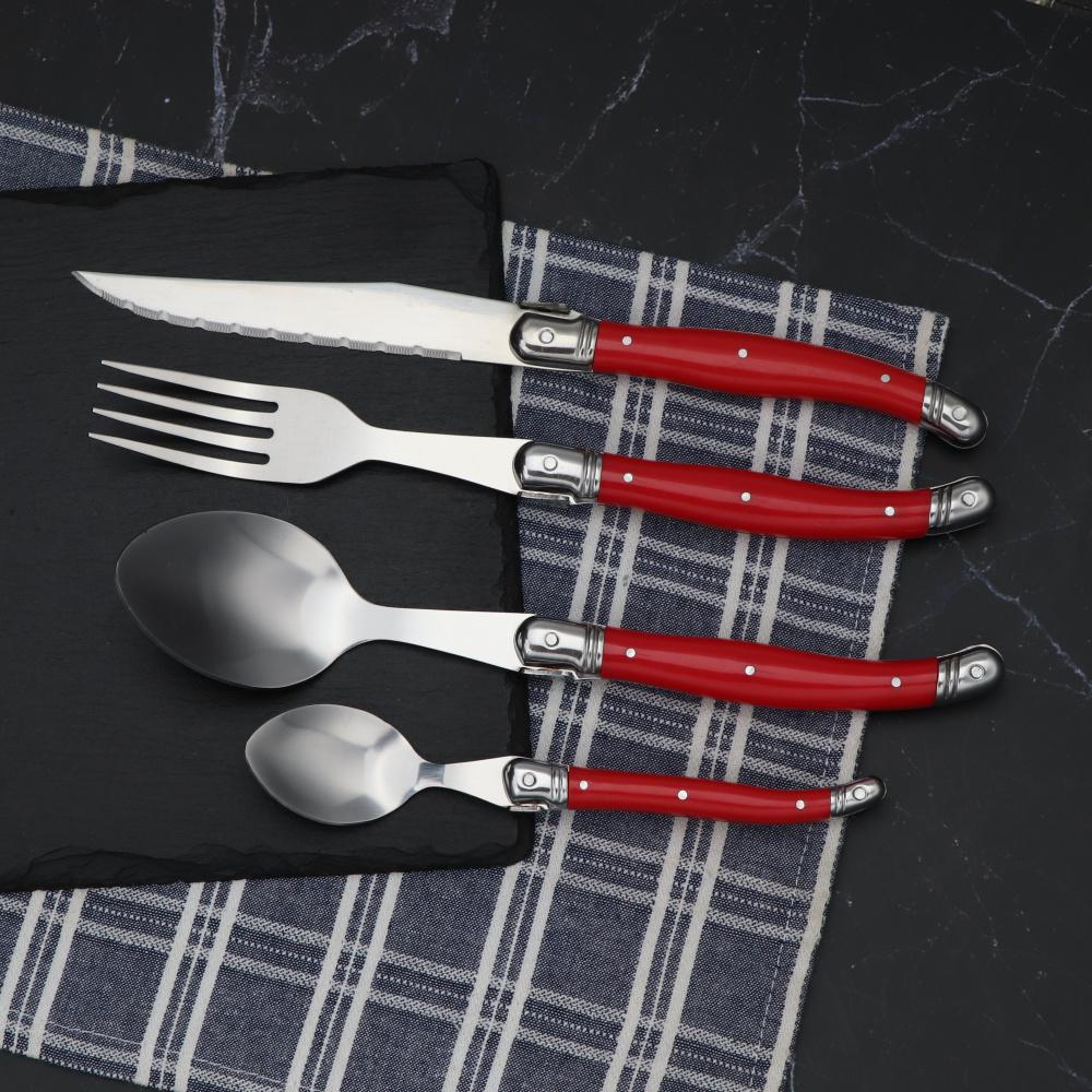 

Jaswehome 4 шт. Набор столовых приборов из нержавеющей стали Laguiole, ножи, вилки, ложки, стальная утварь, столовая посуда, набор столовых приборов красный