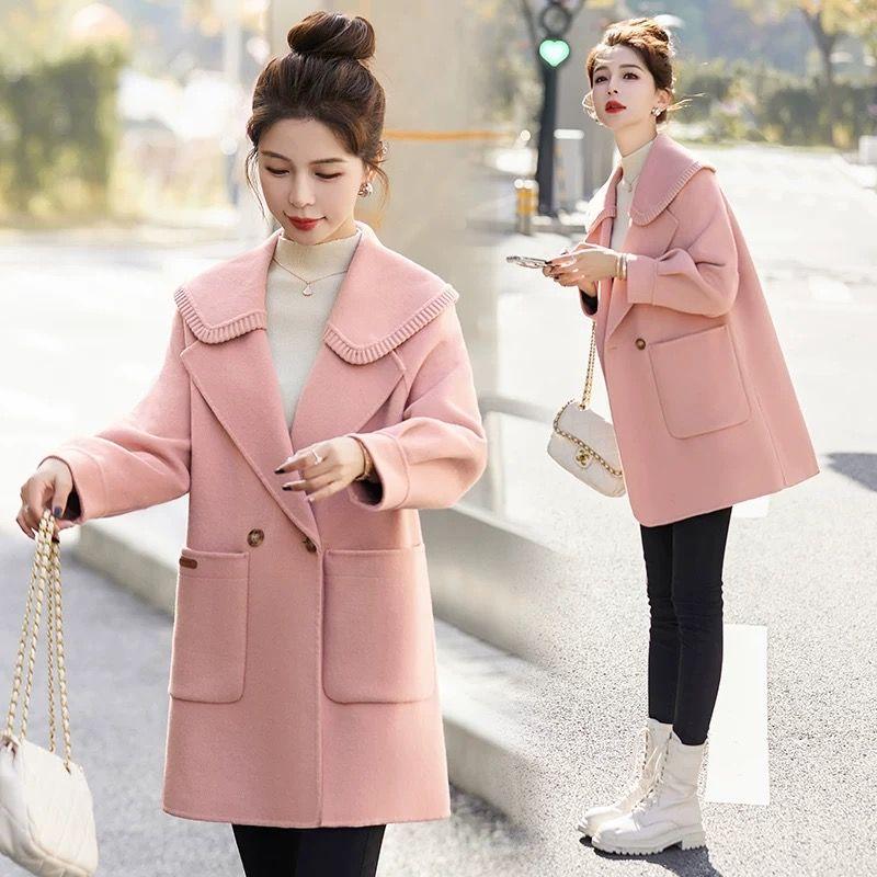 

New Spring and Autumn Women s Clothing Woolen Coat Short Fancy Small Suit Collar Popular All-Matching Long Sleeves Outwear Pink M