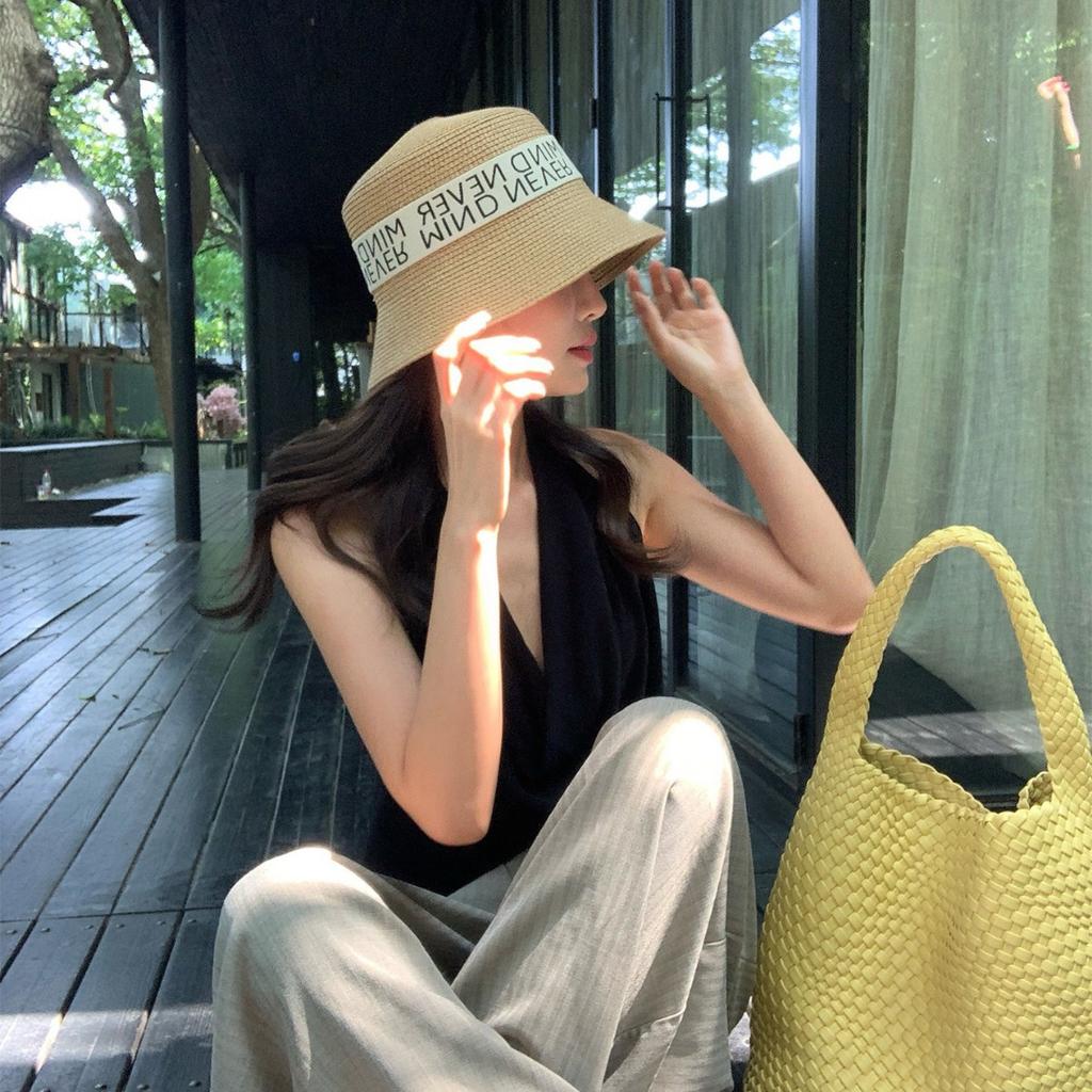 Retro Letter Straw Hat Women's Summer Big Head Circumference Face Covering Holiday Seaside Beach Sunshade Sun Hat