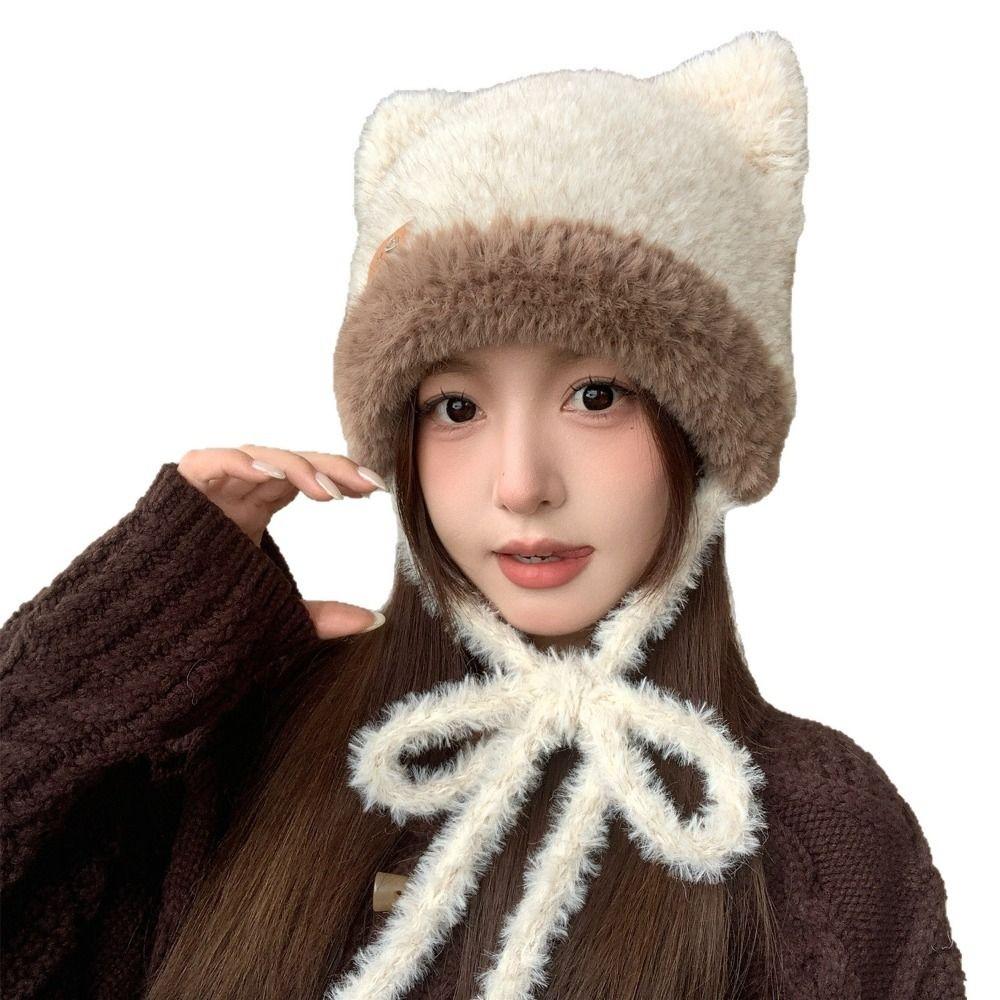 Bear Ear Fuzzy Ear Flap Hat 56-59CM Winter Thermal Hat Cute Plush Trapper Hat Outdoor Use
