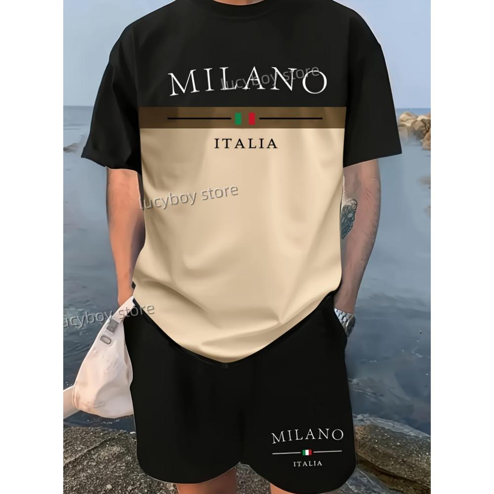 MILANO ITALIA Напечатанный Спортивный Костюм Футболка+Шорты Мужской Мужской Роскошный Тренировочный Костюм Комплект Одежды Бег Тренировочный Костюм Комплект из 2 Предметов Одежда S