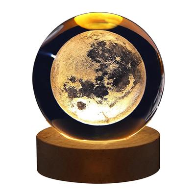 Lumină de noapte cu bilă de cristal 3D, ornament cu bilă de sticlă luminoasă sculptată în interior cu bază de lemn pentru casă