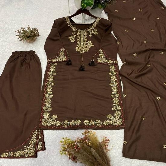 Charismatic Embroidered 3-Piece Silk Straight Kurta Pant Set