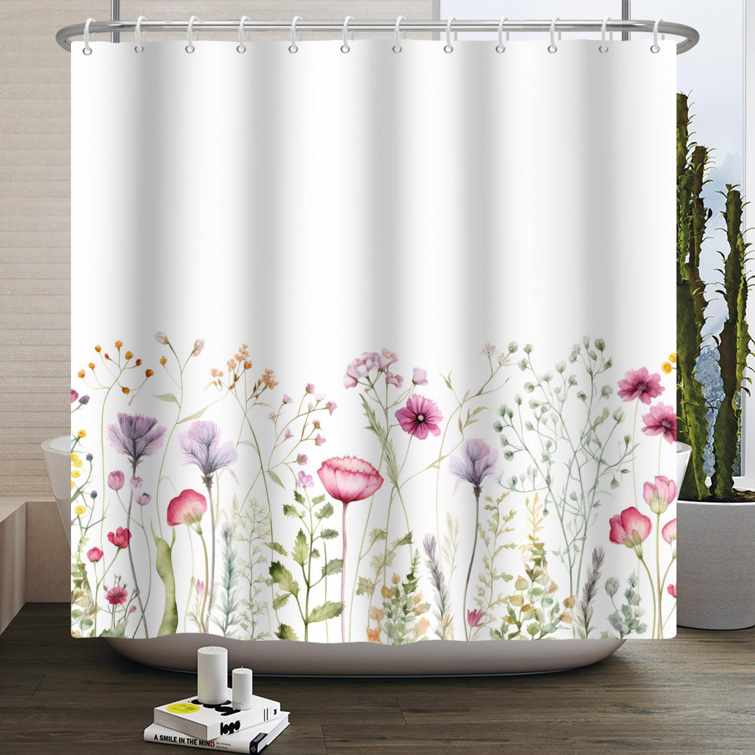 

Waterproof Shower Curtain Natural Floral Wildflowers Butterflies Watercolor Pattern Bathroom Decor Splash Resistant Bath Curtain W60H190(CM)-1 Pcs