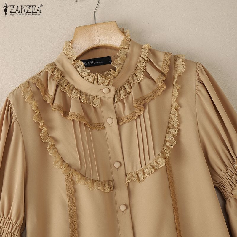 ZANZEA Women Casual Round Neck Loose Lace Splice Long Sleeve Blouse