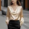 Nuova Elegante Camicia da Donna in Raso con Maniche a Bolle e Scollo a V Stile Francese