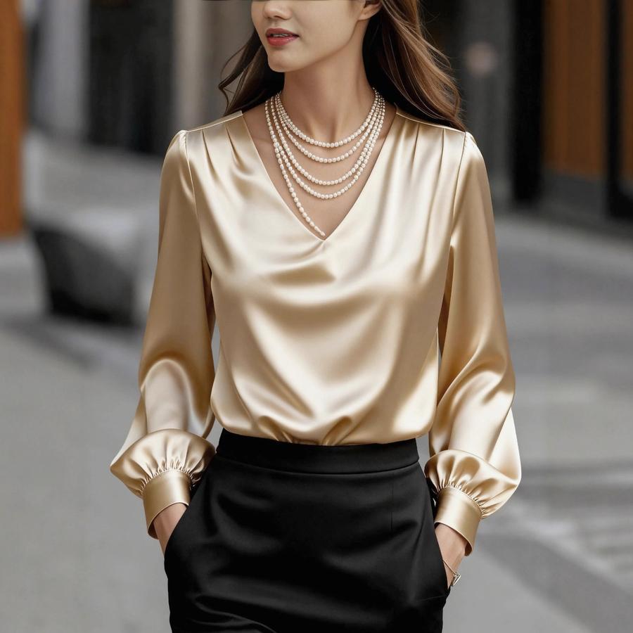 Nuova Elegante Camicia da Donna in Raso con Maniche a Bolle e Scollo a V Stile Francese