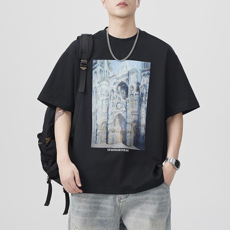 Summer Heavy 300g Embroidered Short-sleeved T-shirt for Men's American Loose Japanese Casual T-shirt
