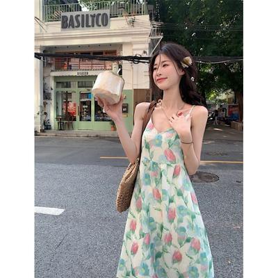 Sommer Tulpe Urlaub Stil Strapsrock Sommer Süße Smudge V-ausschnitt Strapsrock Süße Strand Kleid