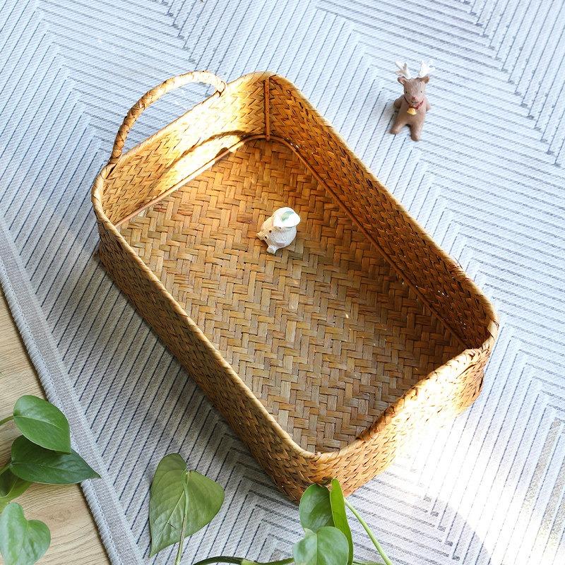 Japanese Woven Grass Snack Storage Basket, Desktop Tidy Organizer Bin, Eco-friendly Natural Handmade Wicker for Home Kitchen