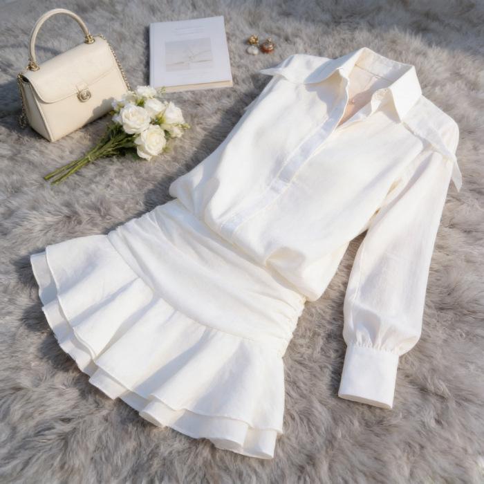 Luxury Autumn 2025 Women s Slimming White Shirt Dress with Ruffles S