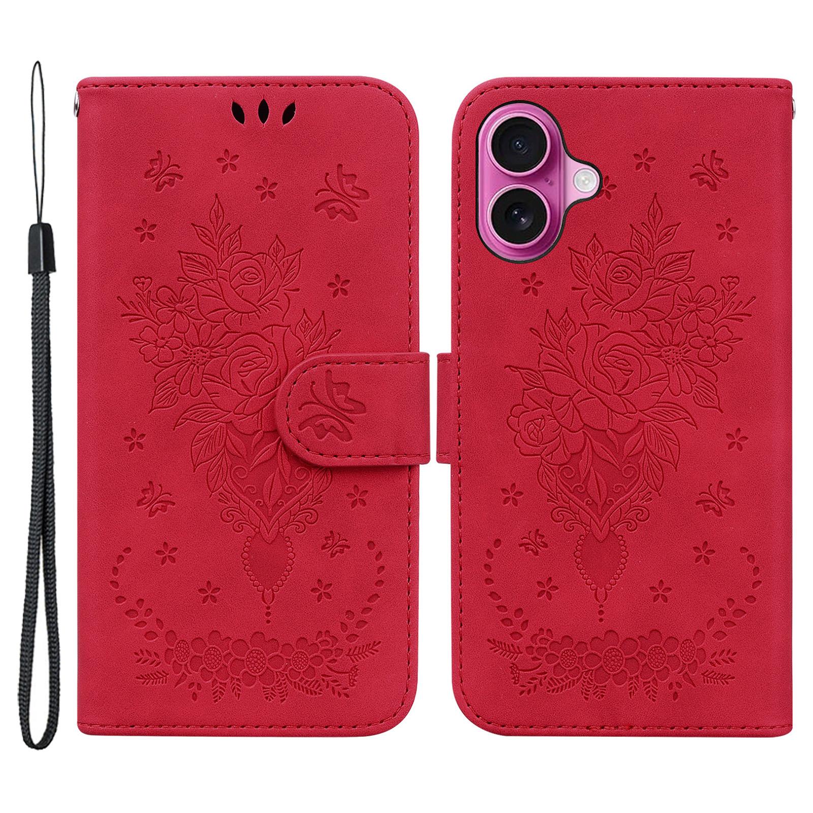 

For iPhone 16 Plus Wallet Case PU Leather Phone Cover Butterfly Flower Imprint Red