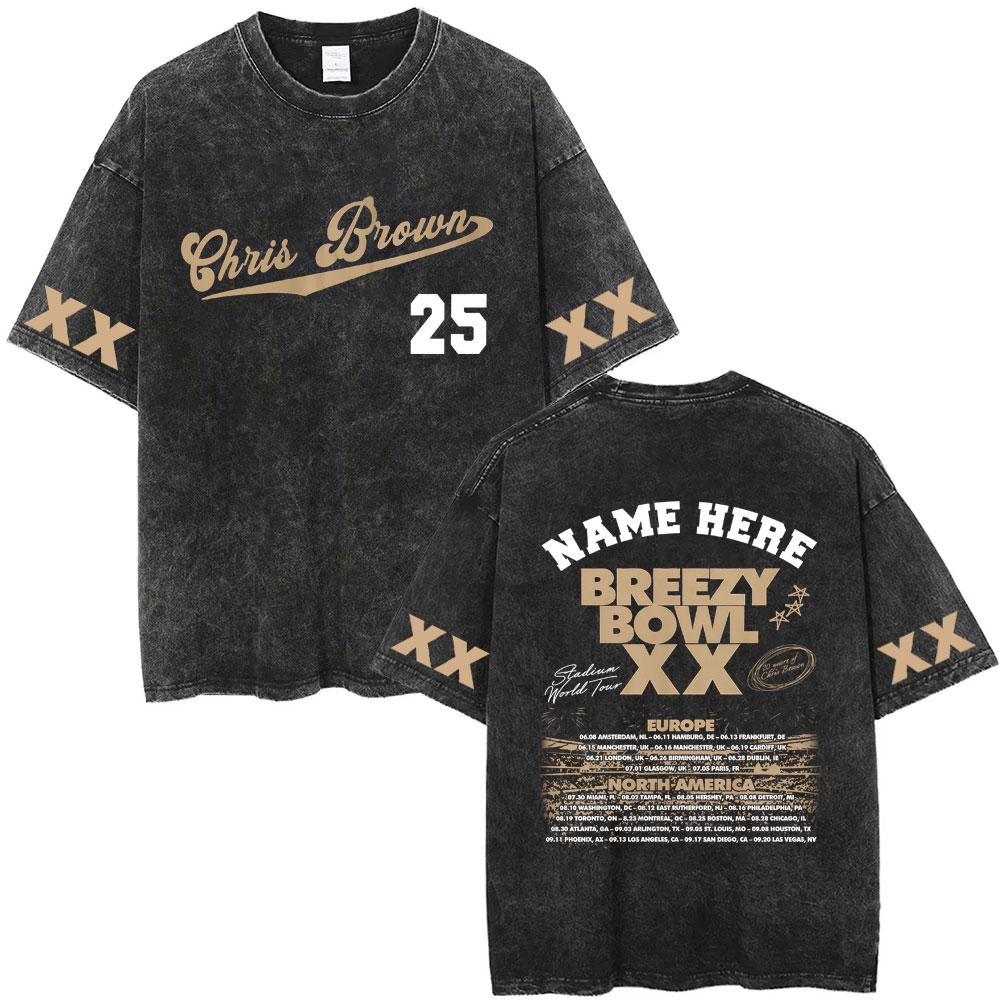 Rapper Chris Brown Breezy Bowl XX Tour  Vintage Washed Tshirts Men Women Hip Hop Fashion T Shirts Male Cotton Retro Tshirt