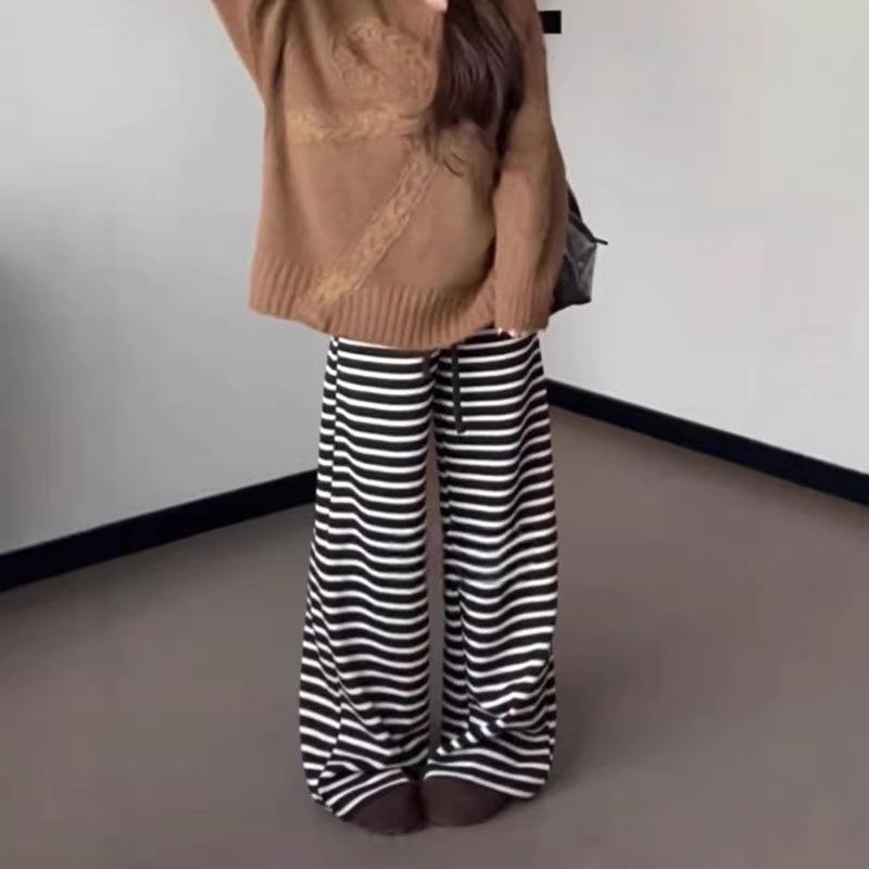 Autumn/Winter Casual Striped Wide-Leg Drawstring Pants Small