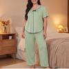 Women Loose Solid Color Short Sleeve Two Piece Bow Pajama Set Casual Summer Loungewear