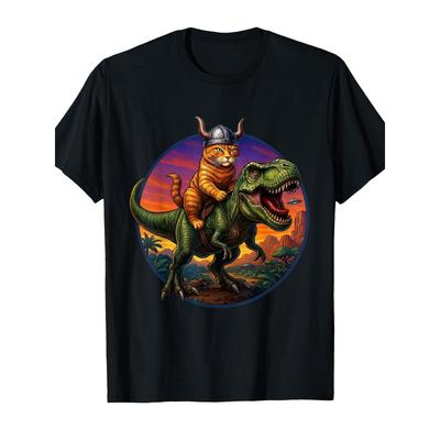 Funny Viking Cat Riding T-Rex Graphic T-Shirt - Norse Warrior Cat & Dinosaur Battle Art, Soft Breathable Preshrunk Jersey, Unisex Crew Neck Tee for