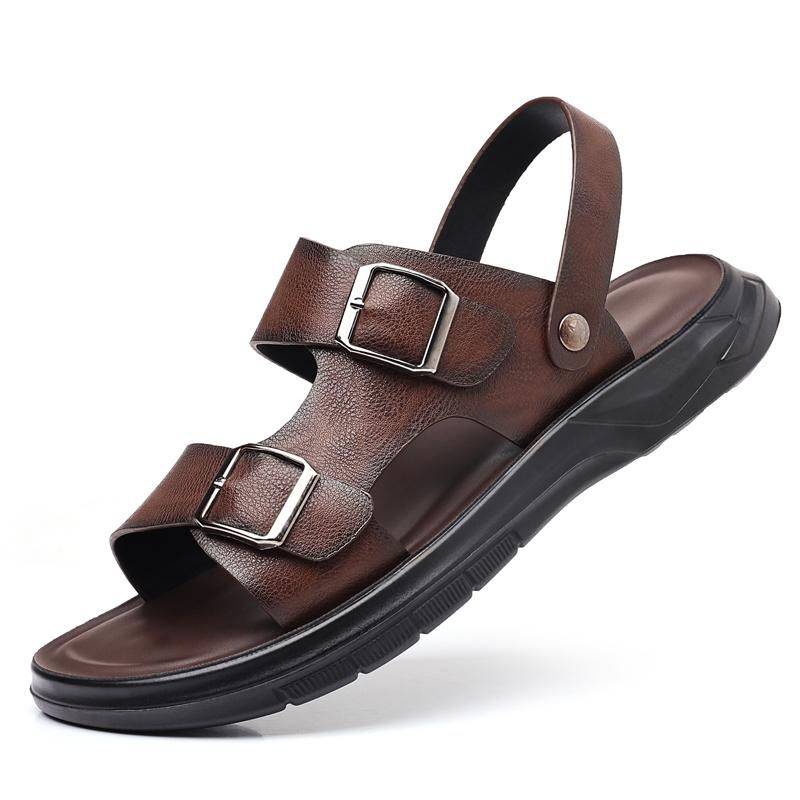 Casual Fashion Men Shoes Slip-On Leather Soft Non-slip Beach Summer Double Buckle Sandals Slippers Flats Flip Flop Walking Shoes