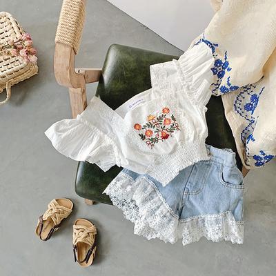 Mode Zweiteiliges Set Mädchen Kurzarm Sommer Neue Mädchen Anzug Mode Gesticktes Top Plus Denim Shorts Anzug