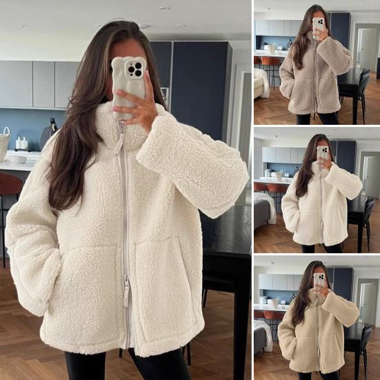 Women's Fleece Jacket Oversized Zip Up Stand Collar Fuzzy Sherpa Coat with Pockets Casual Winter Fall Outerwear