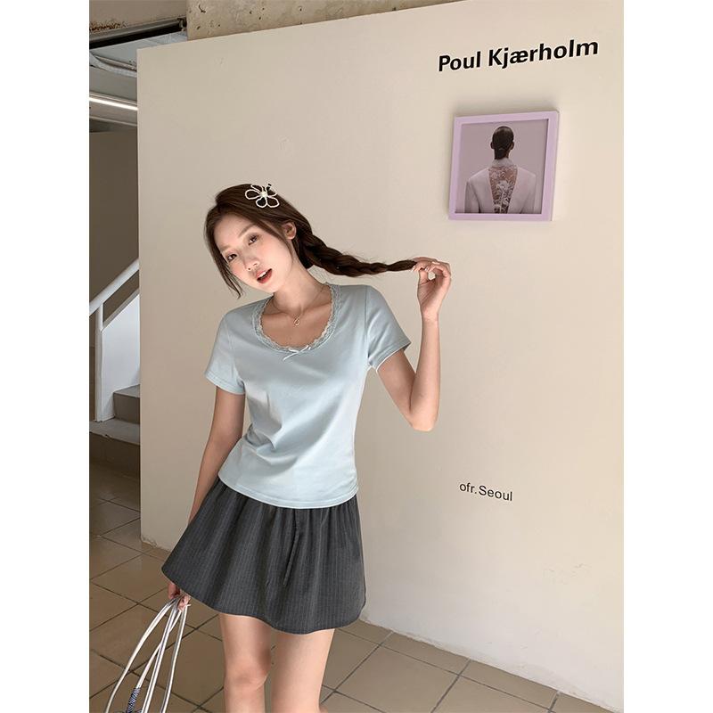 Solid color lace edge splicing square neck short-sleeved T-shirt women's spring new sweet spice girl stacked undershirt with top