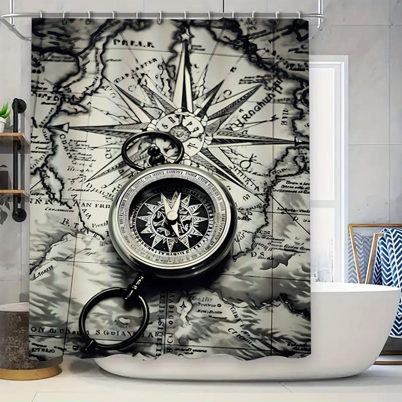 

Luxury Compass Map Shower Curtain Set Waterproof Decorative Bath Rugs For Bathroom Home Decor In Black White Style W60H190(CM)-1 Pcs