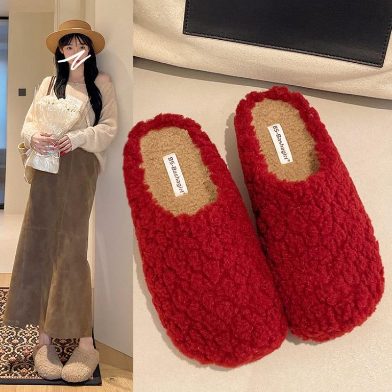 Chaussures de Mode en Laine pour Femmes Port Semelle Plateforme Slip-on Baotou Demi-Pantoufles Automne 2025 Velours Coton Serpillère