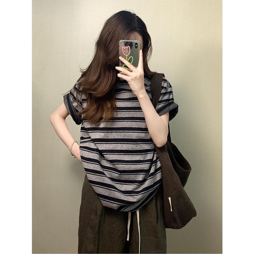 American retro contrasting striped short-sleeved t-shirt women's spring and summer new niche casual loose half-sleeved top