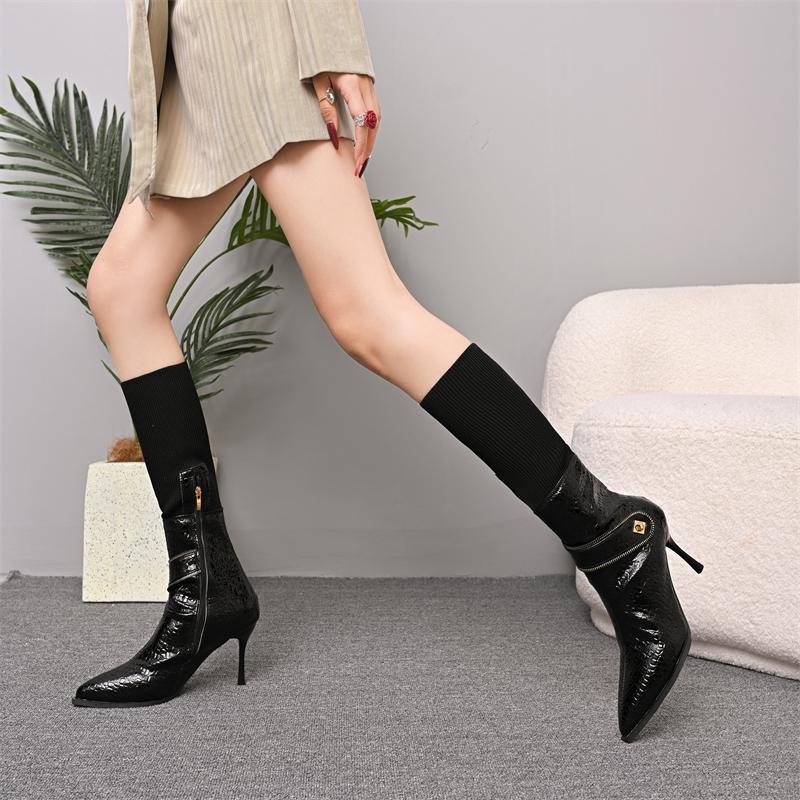 Fashion Women's Stiletto Cotton Boots Winter New Pointed Head Side Zipper Mesh Fabric Stitching Rivets Non-slip High Heels
