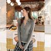 Fake two-piece contrasting color splicing semi-open neck long-sleeved T-shirt women's early autumn new button design versatile top