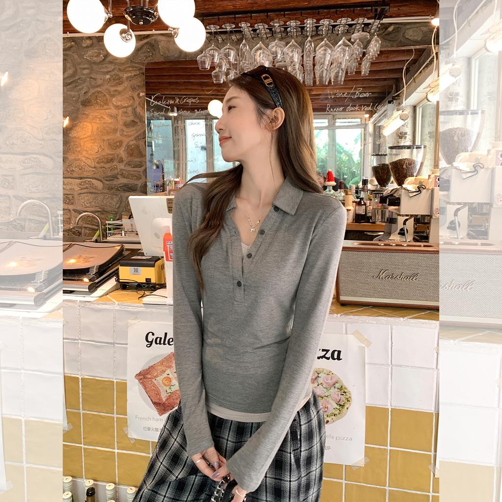 Fake two-piece contrasting color splicing semi-open neck long-sleeved T-shirt women's early autumn new button design versatile top