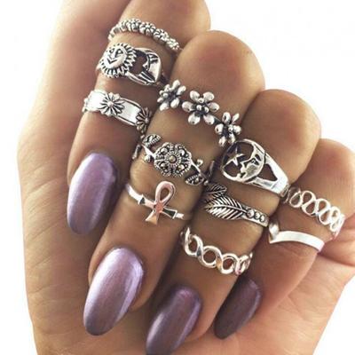 Source Flower Alloy Diamond Leaf 11-Piece Set Ring Hollow Moon Set Tail Ring