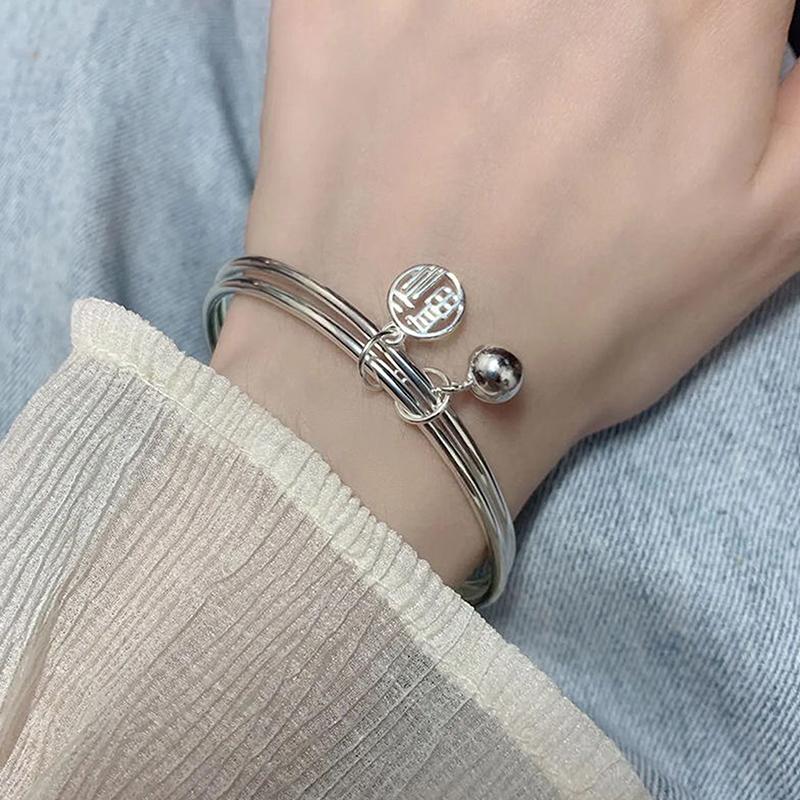 Fu Character Double Ring Bracelet With Bell Ins Style Good Luck Korean Style Bangle For Women Girls Charm Jewelry Gift