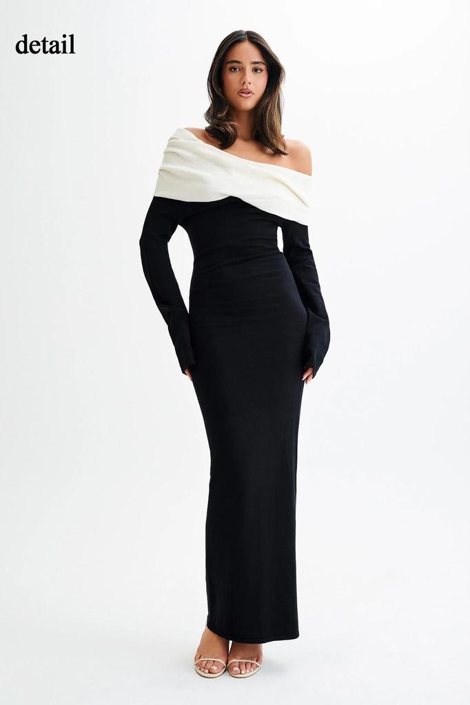 Dámské bodycon svetrové šaty s odhalenými rameny, s dlouhým rukávem, elegantní, žebrované, koktejlové, formální, podzimní, jarní, pletené, maxi šaty