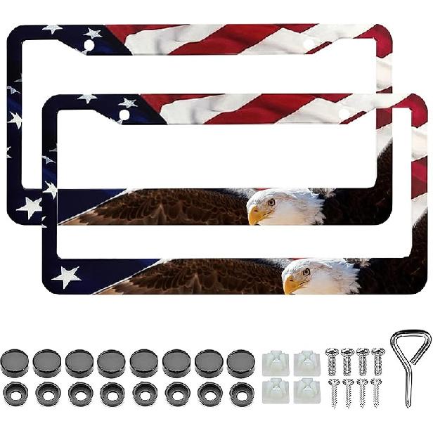 American Flag License Plate Frame Holder - 2 Pack Universal Aluminum Matte Stripe US Flag Gloss Patriotic Car Plate Frame Covers With Free Screws