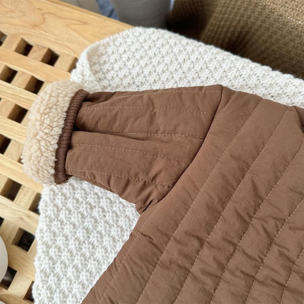 Coffee-Colored Fleece-Lined Baby Romper: Trendy Padded Cotton Jumpsuit for Boys/Girls