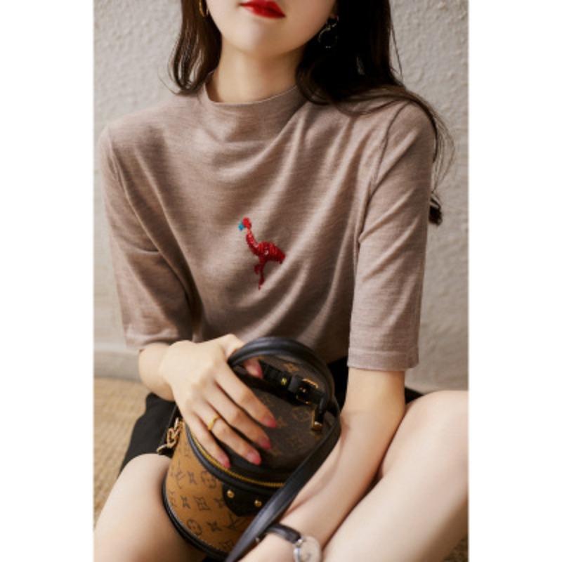 Women's Half High Neck Knitted Sweater Short Sleeved T-shirt Top