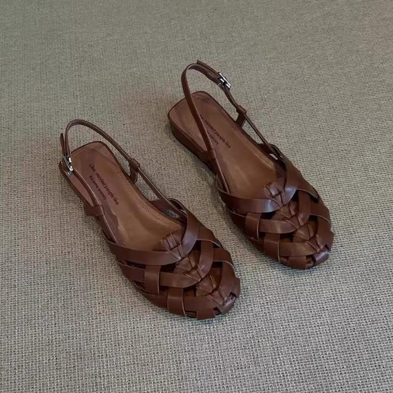 Sheepskin version~ Hollow and breathable pineapple head Roman shoes women's niche leather woven back strap flat-bottomed bag head sandals