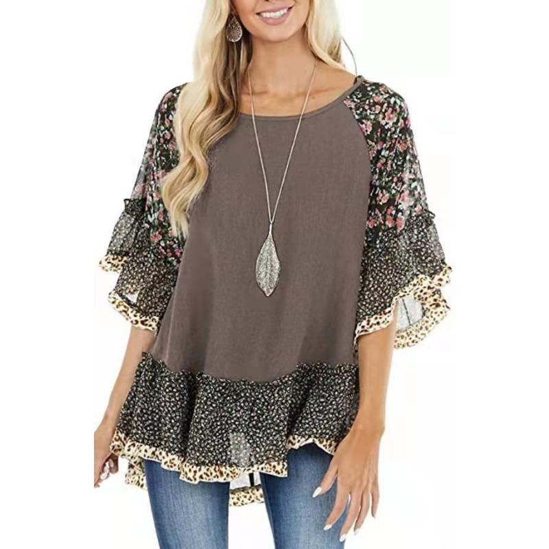 QICED Spring Summer Women's Bat-sleeve Matching Color Leopard Print Floral Print Mid-sleeve T-shirt