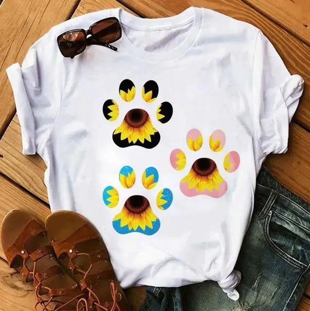 Women's Large Size Short Sleeve Crewneck T-Shirt Cartoon Hand-Painted Dog Paw Print Warm Polyester Fabric Summer Fashion