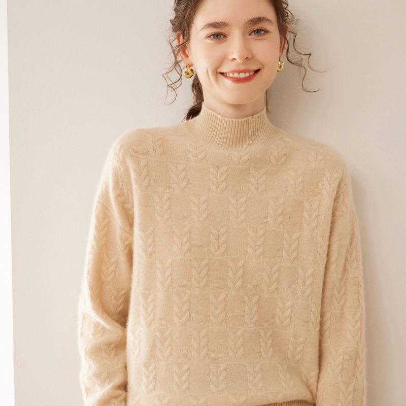 2024 Autumn/Winter Cashmere Sweater: Ladies' Half-High Neck, Wheat Ear Jacquard, Korean-Style Loose Slimming Knitwear
