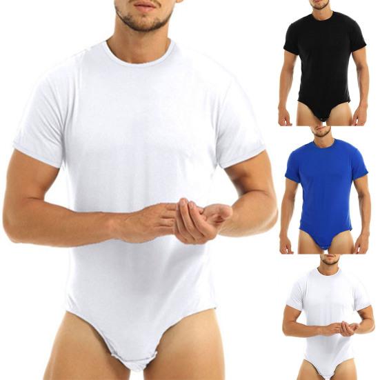 Bodysuit Pajamas Bodybuilding Short Sleeve Solid Color Crew Neck Men One Piece Underwear Romper for Home