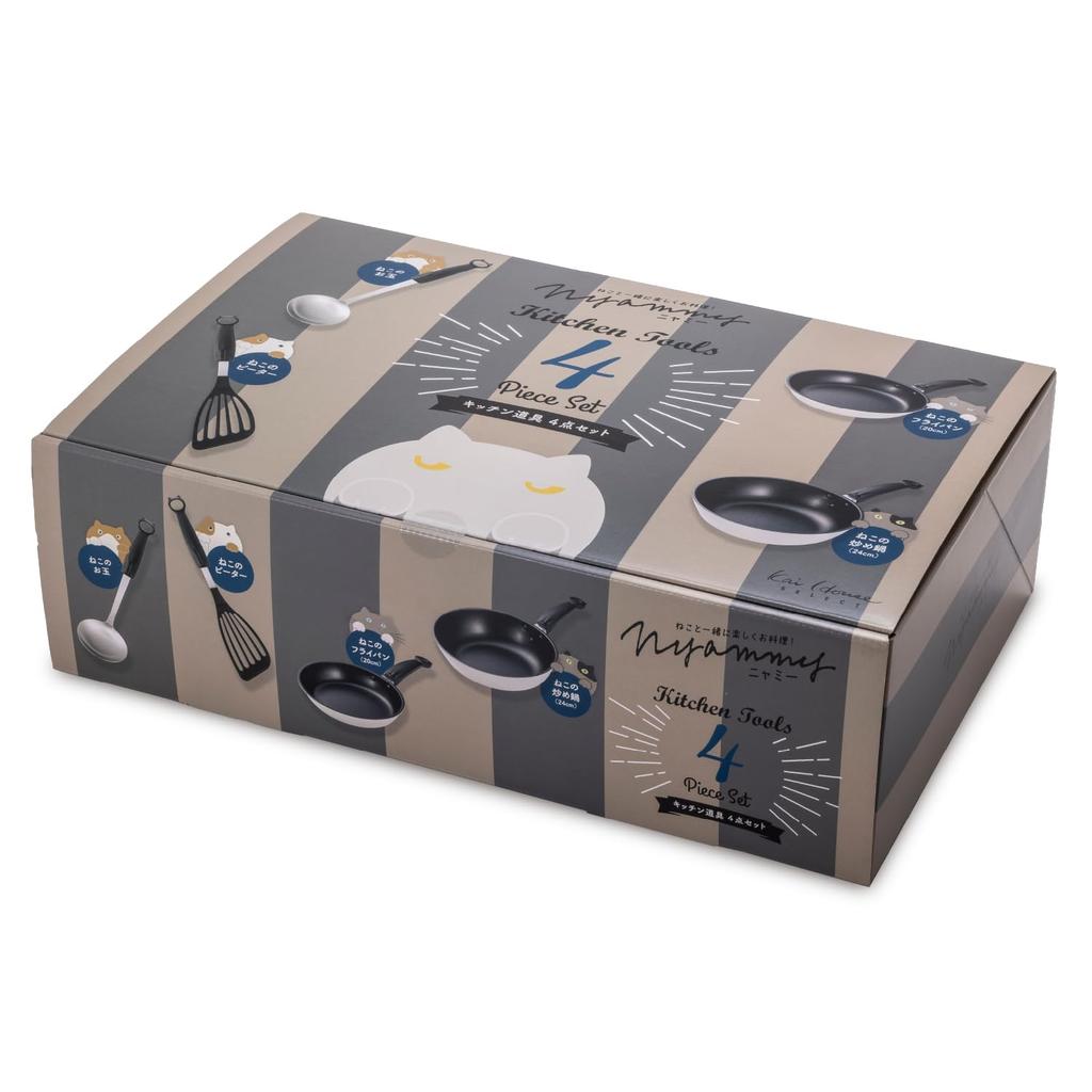 Kai Brand KAI Cat Frying Pan 20cm Pot 24cm Ladle Beater 4 Piece Set Gift Box Nyammy Ash Cat Warm Gray RC5061 Stir-Fry