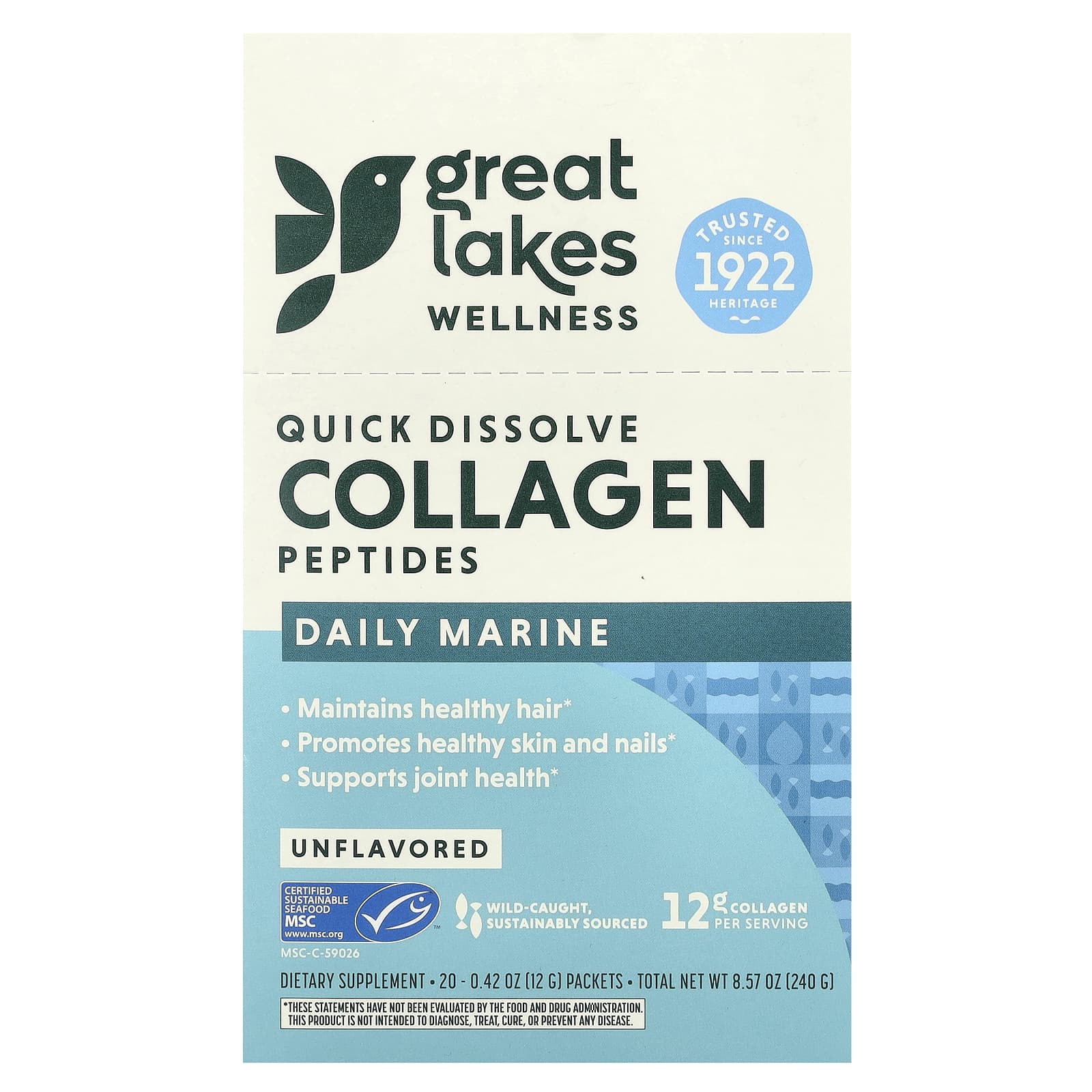 

Fast Dissolving Collagen Peptides, Daily Marine, Unflavored, 20 Packets, 12G (0.42Oz) Each
