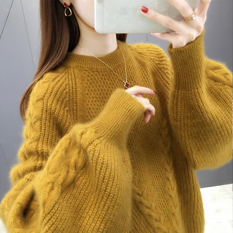 Autumn and Winter New Soft Waxy Loose and Thin Knitted Sweater Bottoming Top Women's Solid Color Lazy Round Neck Pullover Sweater Inside