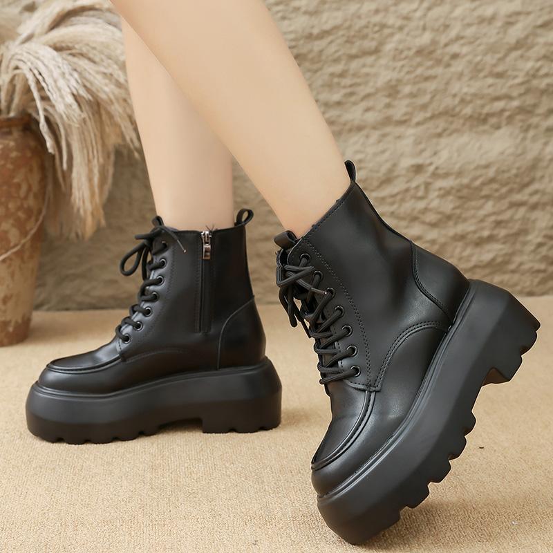 Women Autumn Winter Thick Sole Ankle Boots Fashion Black Chunky Platform Combat Boots Woman Non Slip Zip PU Leather Botas Mujer