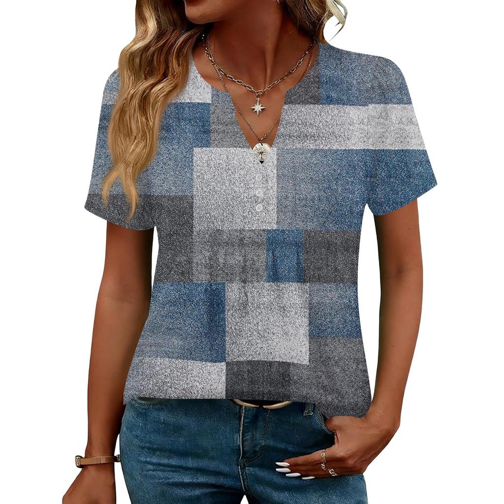 Damen Oberteile Festlich Lässig V-Ausschnitt Kurzarm Hemden Plissierte Blusen Knopfleiste Tunika