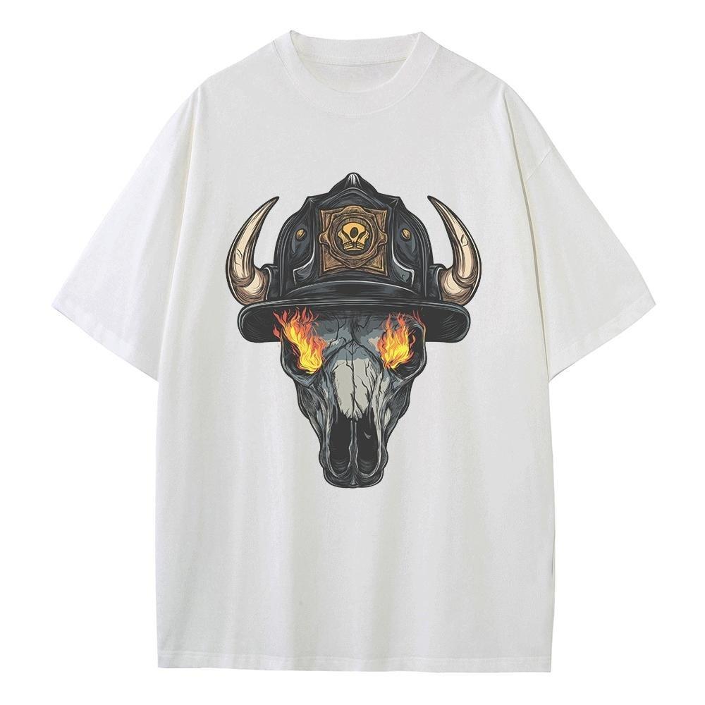 Spring and Summer Loose T-shirt Pure Cotton Unisex Top Bull Skull Fire Helmet Graphic T-shirt Breathable Print Men's Top